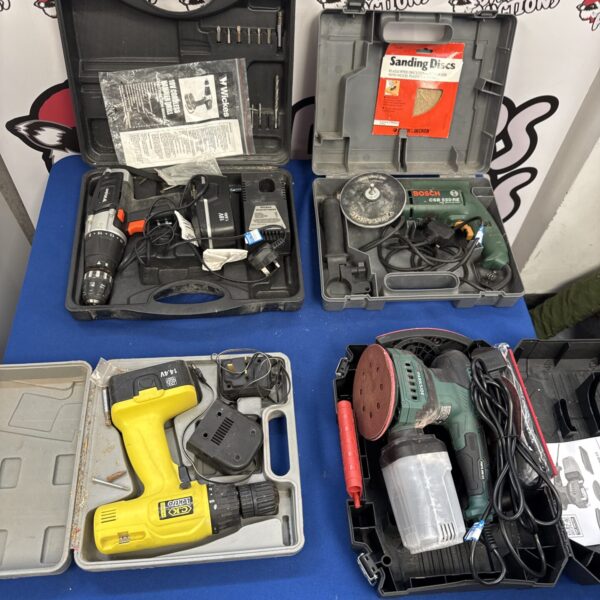 Power tool lot featuring a Bosch sander in its case.