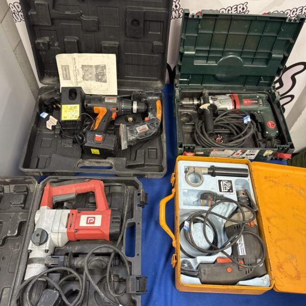 Open carry case displaying a lot of vintage power tools, including Elu and Metabo.