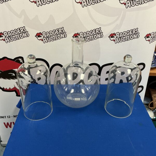 Vintage Pyrex laboratory glassware set including a 10L flask and bell jars.