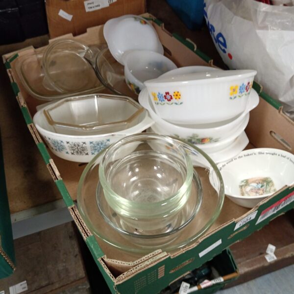 Vintage Pyrex kitchenware lot with Peter Rabbit bowl.
