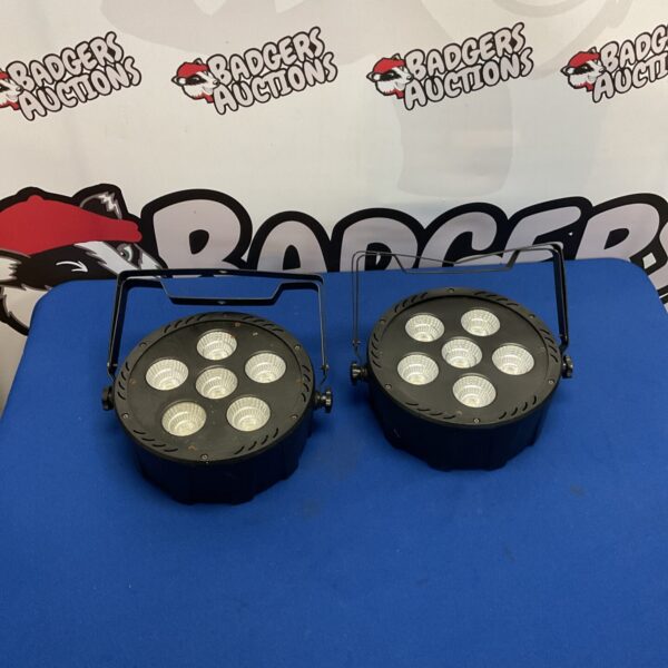 Pair of QTX LED disco lights for parties and events.
