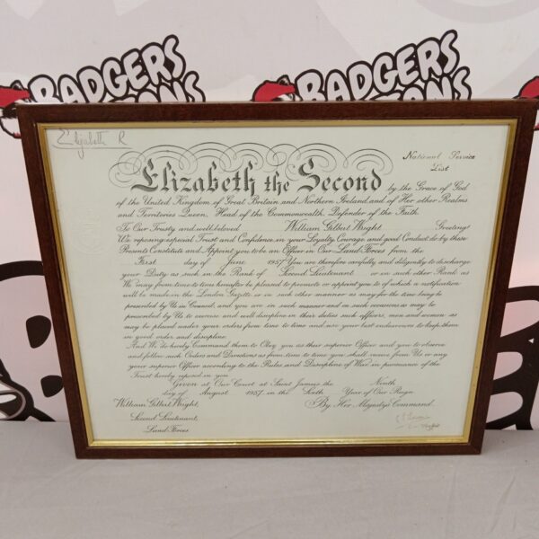 Framed Queen Elizabeth II warrant certificate, vintage military document.