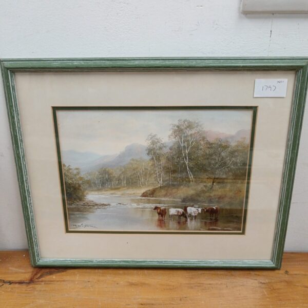 R Weston watercolour painting of cattle in a rural landscape.