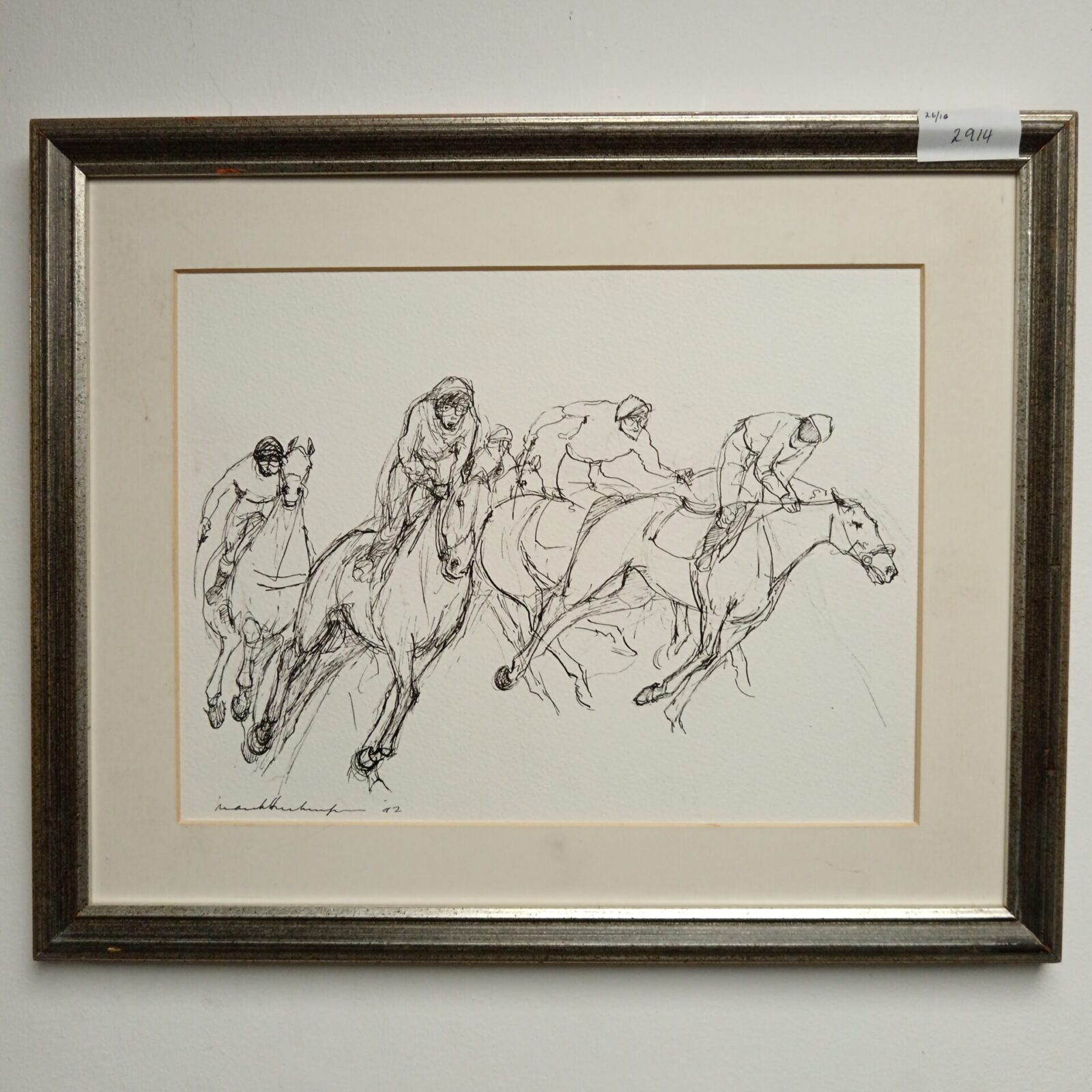 Original signed ink drawing of race horses in motion.