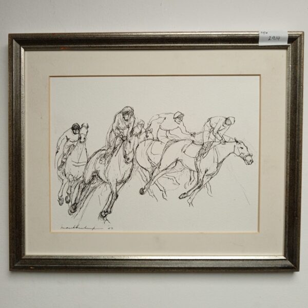 Original signed ink drawing of race horses in motion.