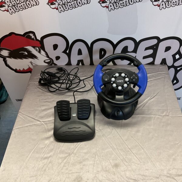 Racing wheel and pedals for PlayStation, Xbox, and GameCube consoles.