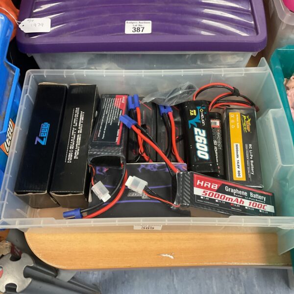 Mixed lot of used RC car batteries including HRB and Zap Power brands.