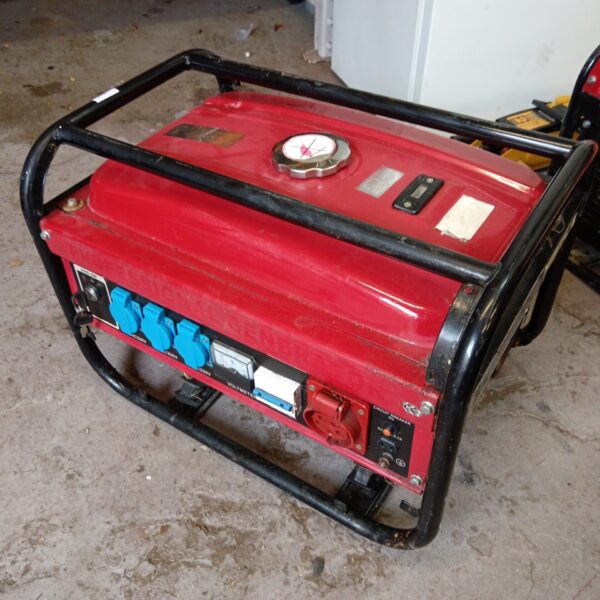 Red petrol generator with key start, front view.