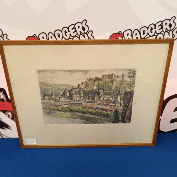 Hand coloured etching of Salzburg by Reifer, antique landscape print.