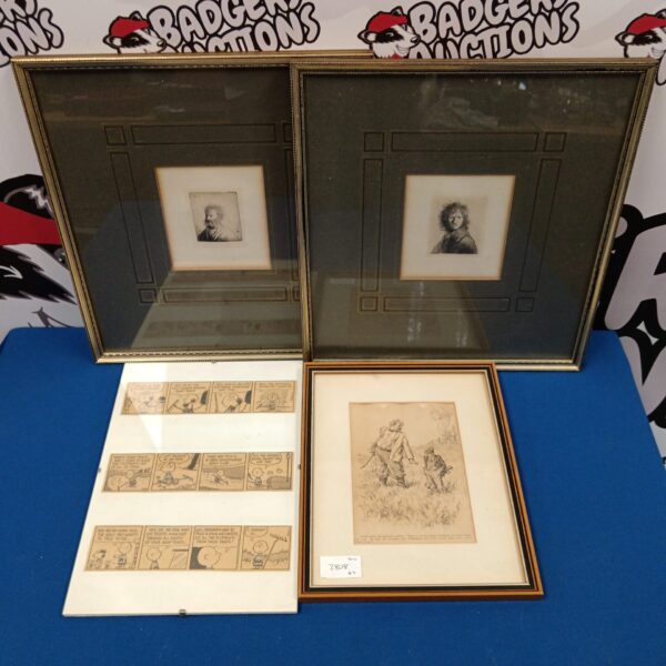 Antique Rembrandt etching portrait print in a frame.