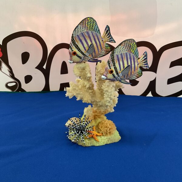 Vibrant resin tropical fish and sea urchin sculpture for ocean decor.