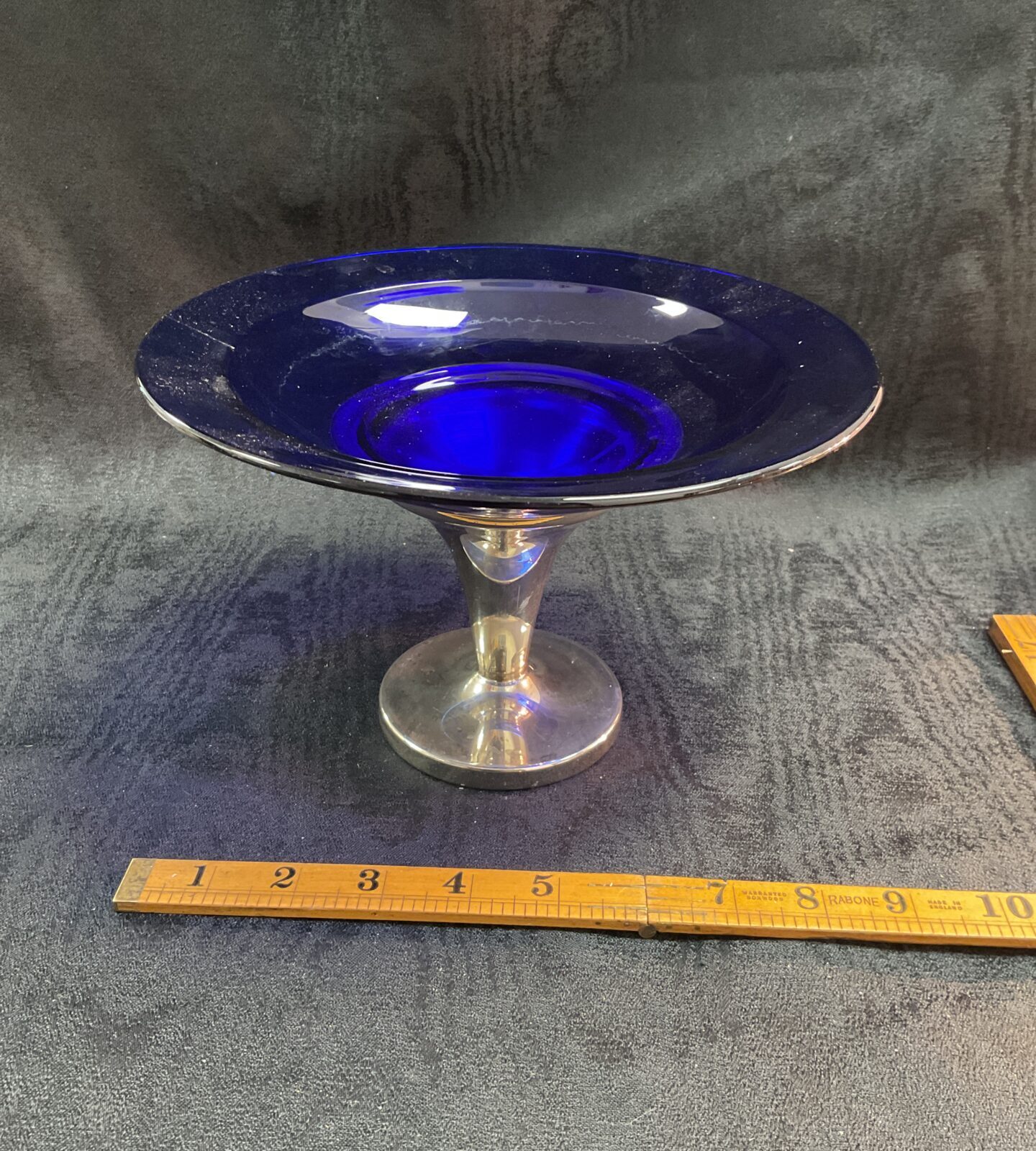 Vintage cobalt blue glass compote with silver plated stand by Roberts Dore.