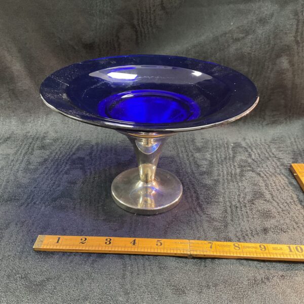 Vintage cobalt blue glass compote with silver plated stand by Roberts Dore.