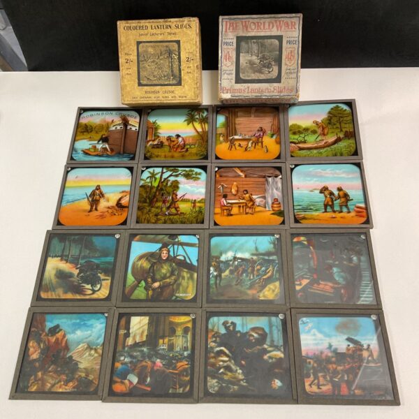 Antique magic lantern slides depicting scenes from Robinson Crusoe story.