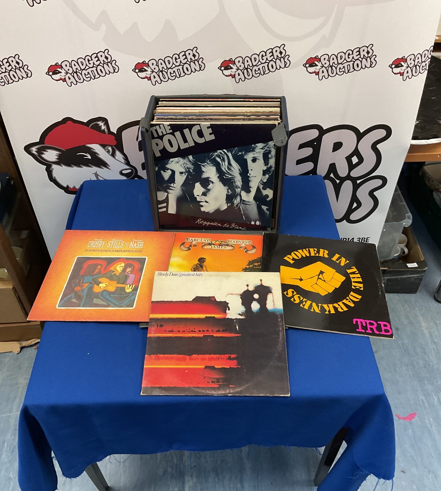Collection of classic rock vinyl LPs including The Police, Steely Dan, and Ian Dury.