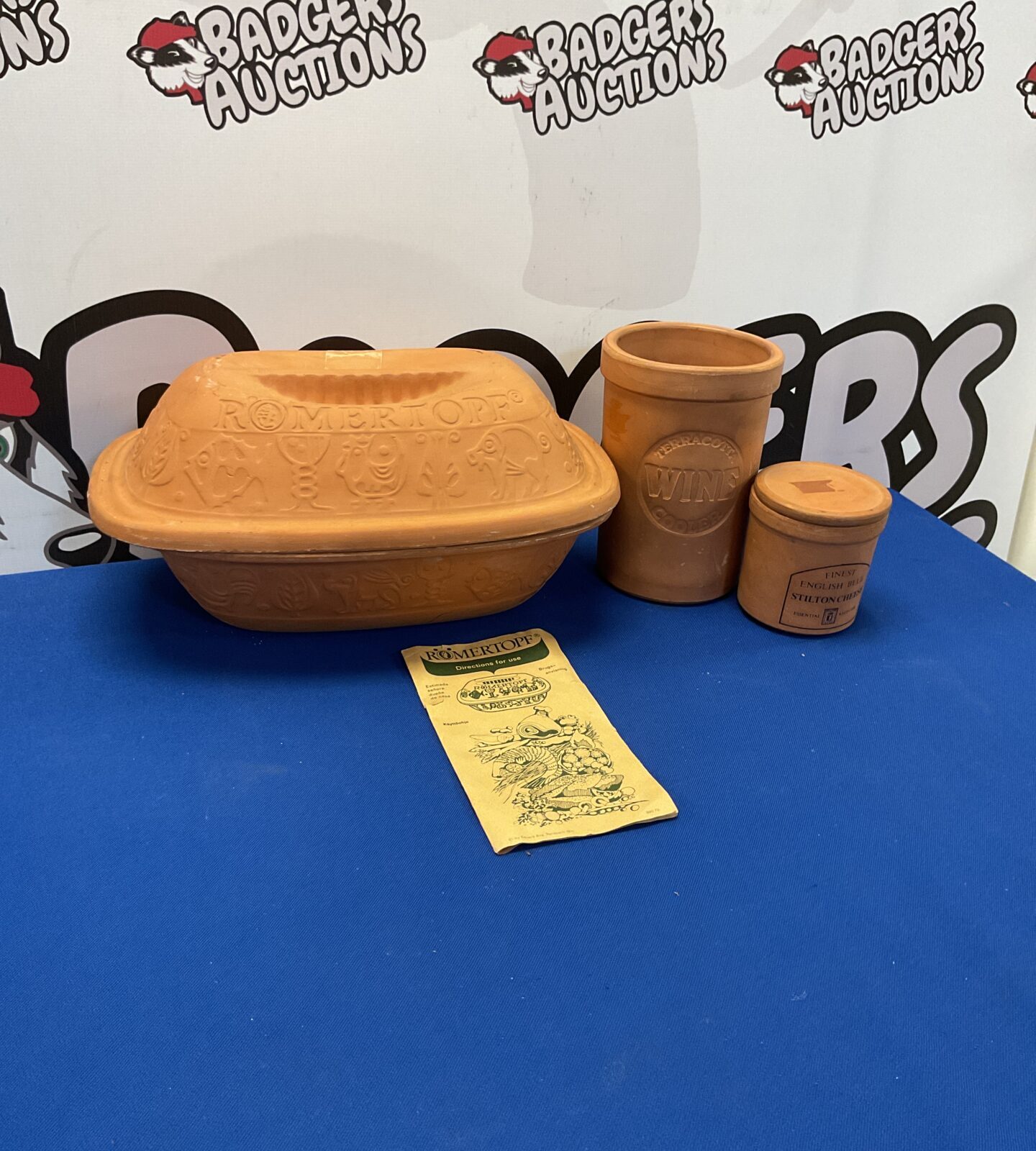 Vintage Romertopf terracotta set with wine cooler and stilton pot.