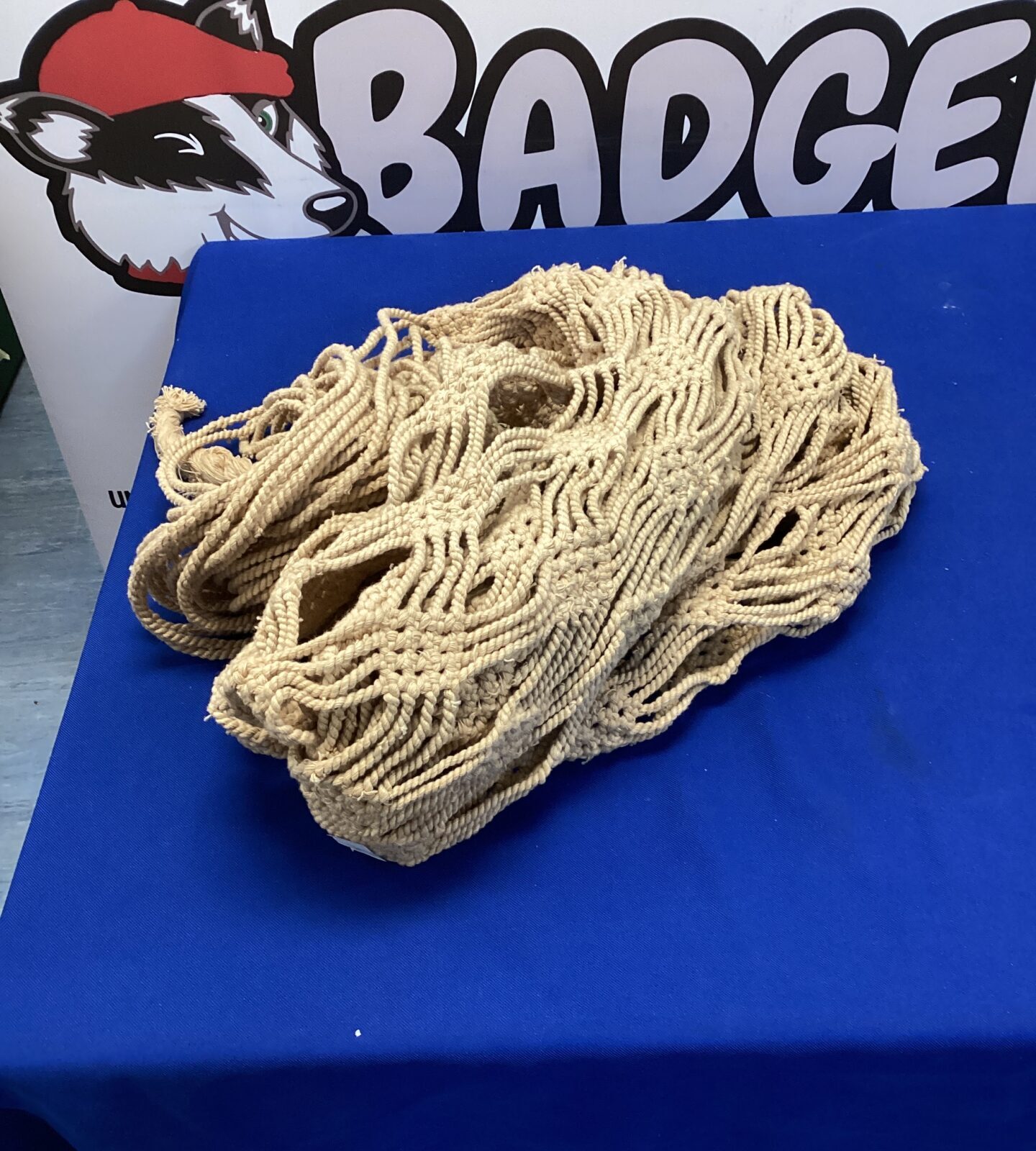 Long length of natural fiber rope for hammock crafting.