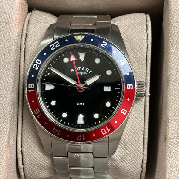 Rotary GMT watch with black dial and stainless steel bracelet.