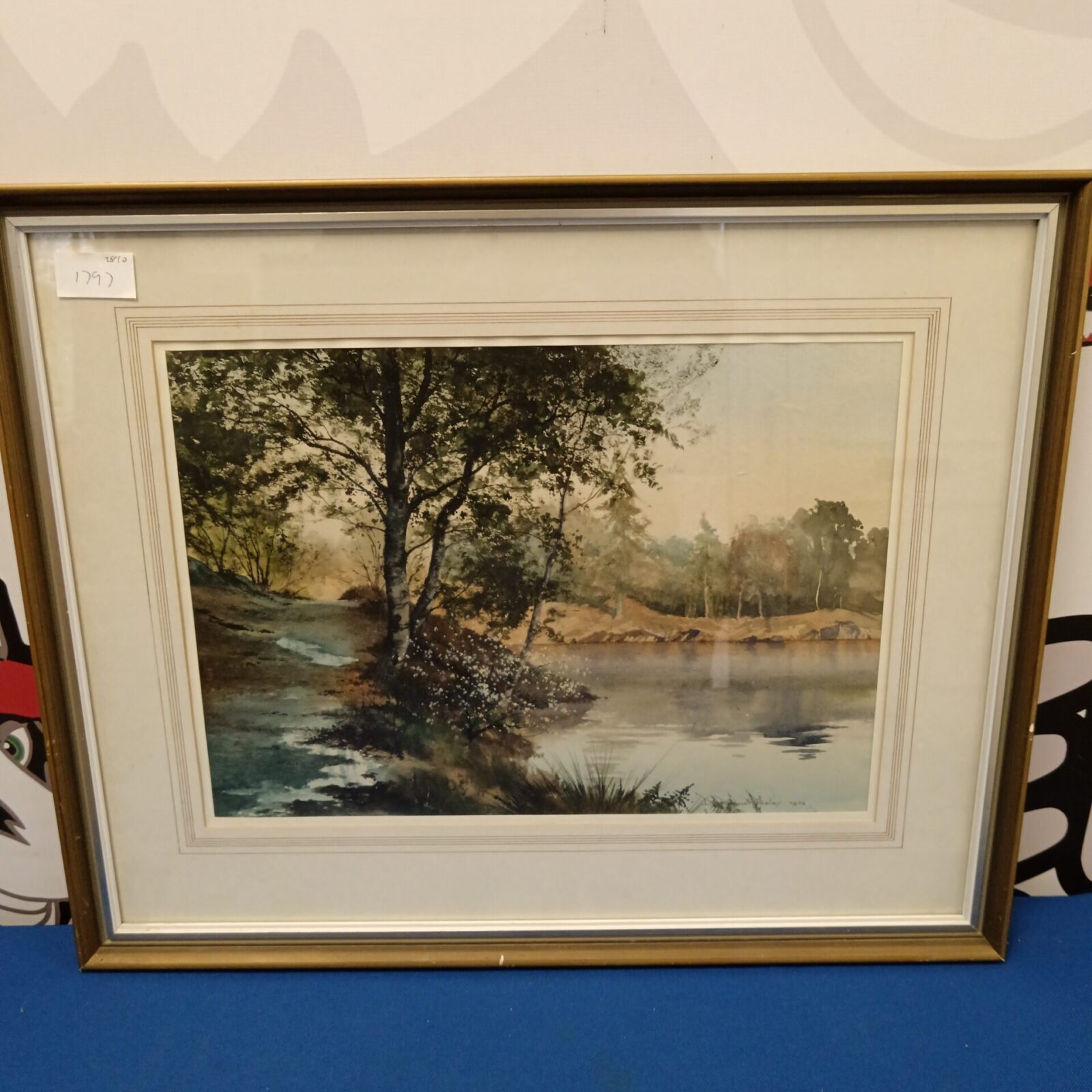 Serene woodland lake scene watercolour painting by D. Rothwell Bailey, 1976.