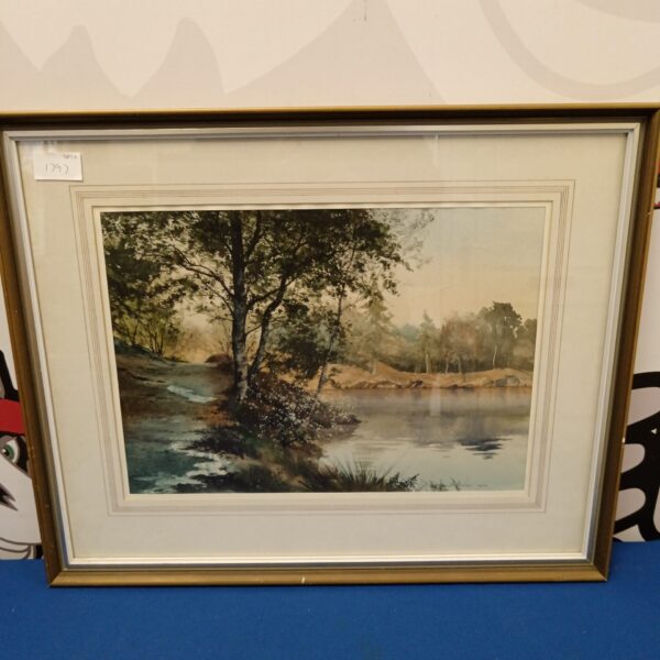Serene woodland lake scene watercolour painting by D. Rothwell Bailey, 1976.