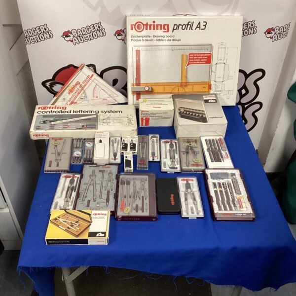 Vintage Rotring draughtsman set with various drawing instruments.