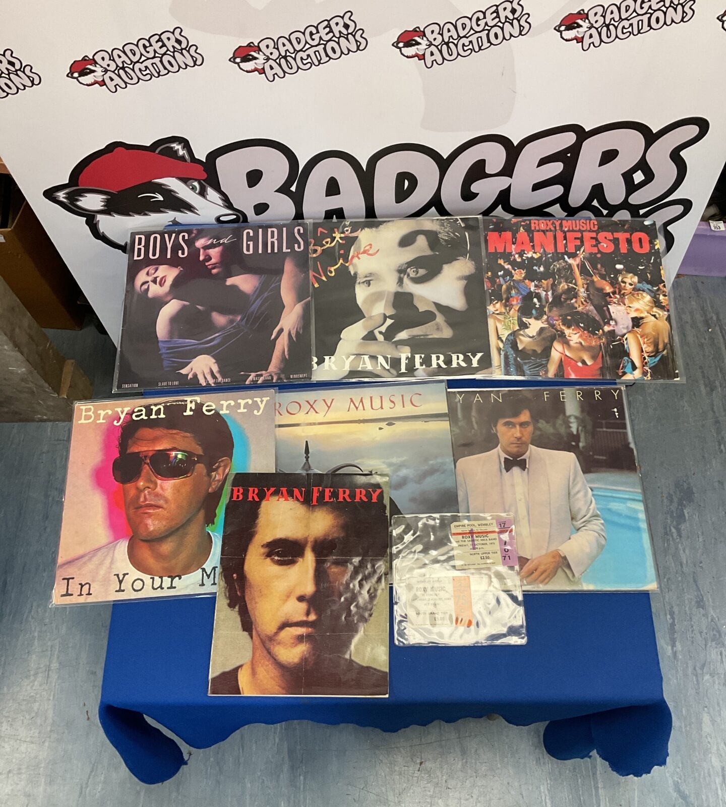 Roxy Music and Bryan Ferry vinyl records and concert tickets collection.