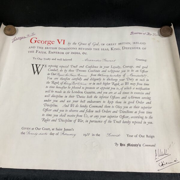 Vintage Royal Air Force commission document signed by George VI in 1938.