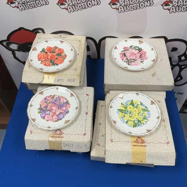 Vintage Royal Albert collectible plates with floral designs for display.