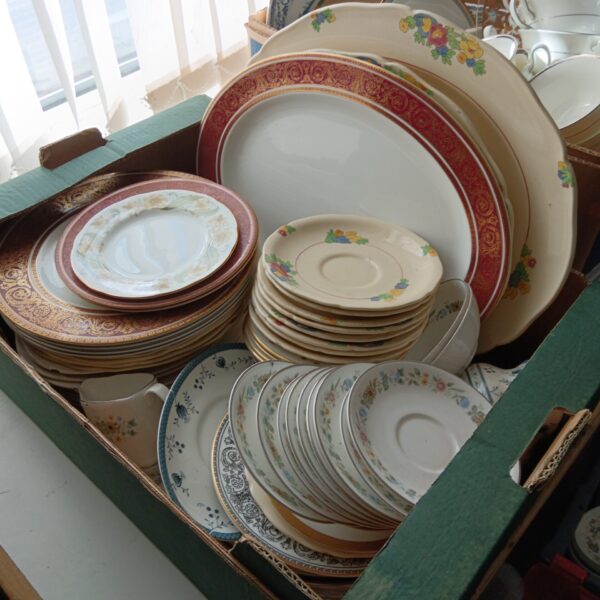 Assorted vintage Royal Doulton china on a tray, collectible porcelain.