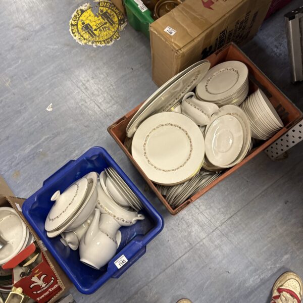 Lot of vintage Royal Doulton Fairfax chinaware on display.