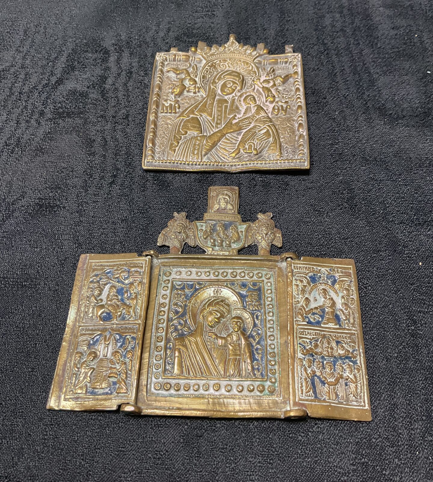 Antique Russian Orthodox brass icon with enamel details, folding triptych.