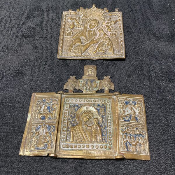 Antique Russian Orthodox brass icon with enamel details, folding triptych.