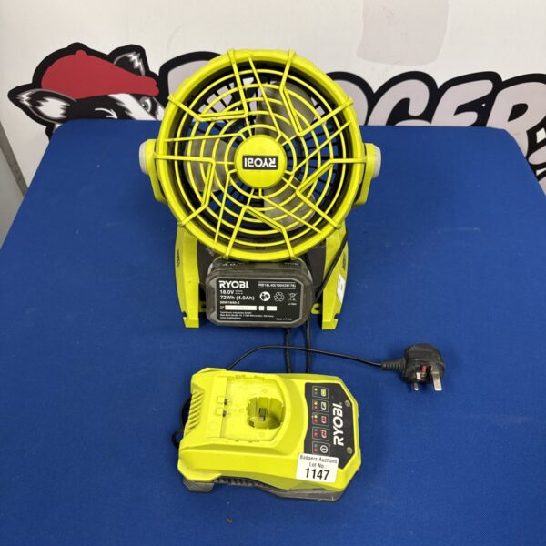 Ryobi One+ cordless fan in used condition, ideal for garden and DIY tasks.