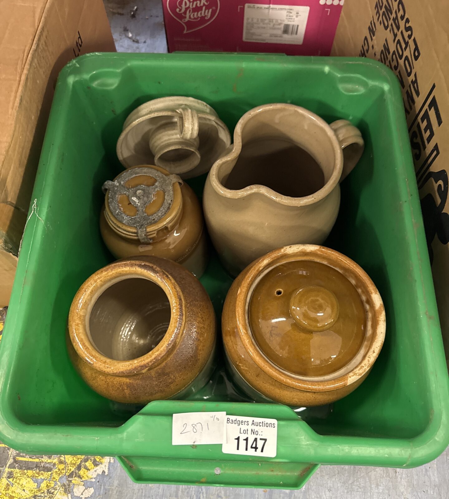 Vintage salt glazed stoneware jug and pots collection.