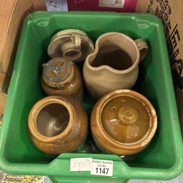 Vintage salt glazed stoneware jug and pots collection.