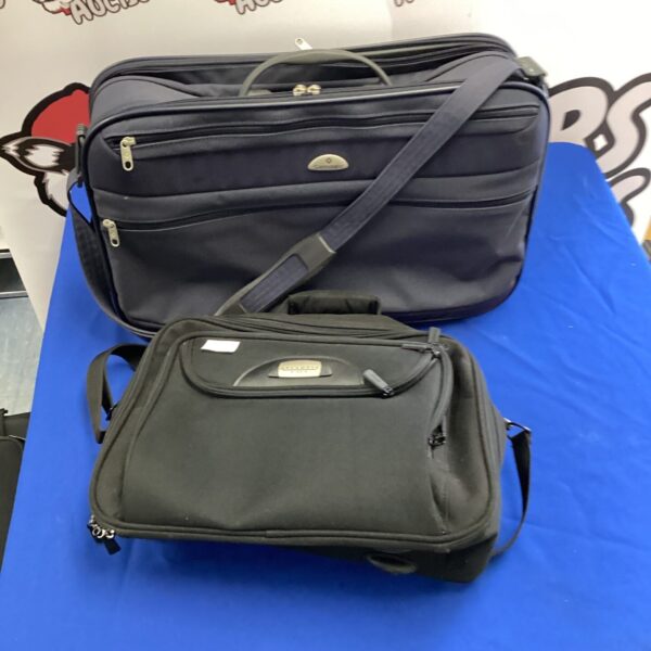 Black Samsonite and Atlantic carry-on luggage set for travel.