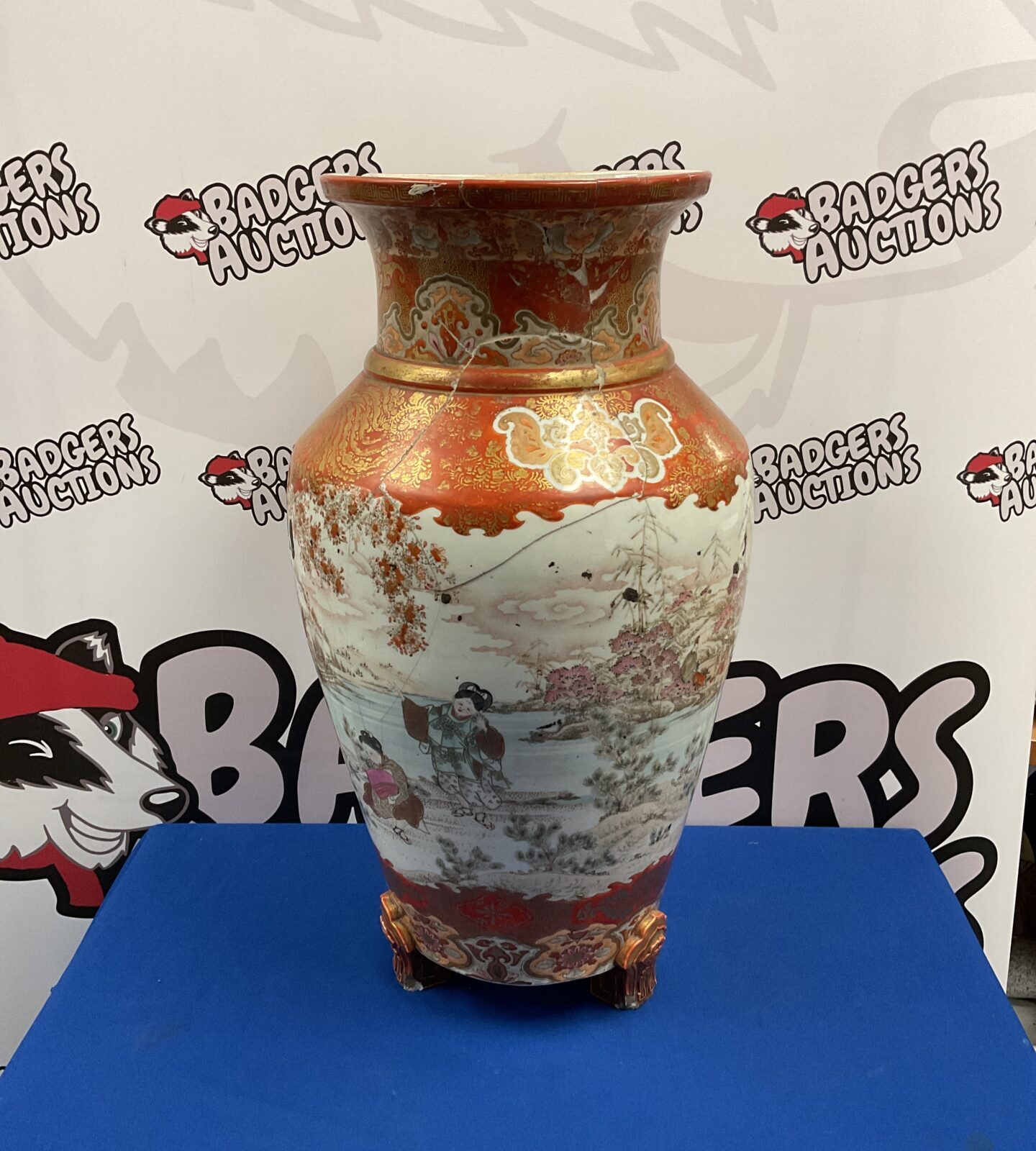 Large antique Satsuma vase with detailed painted scenes.