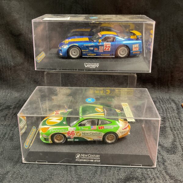 Scalextric Dodge Viper and Porsche GT3R slot car racing set.