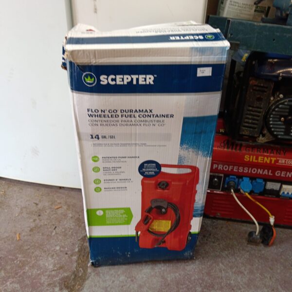 Red Scepter Flo N Go wheeled fuel container for outdoor use.