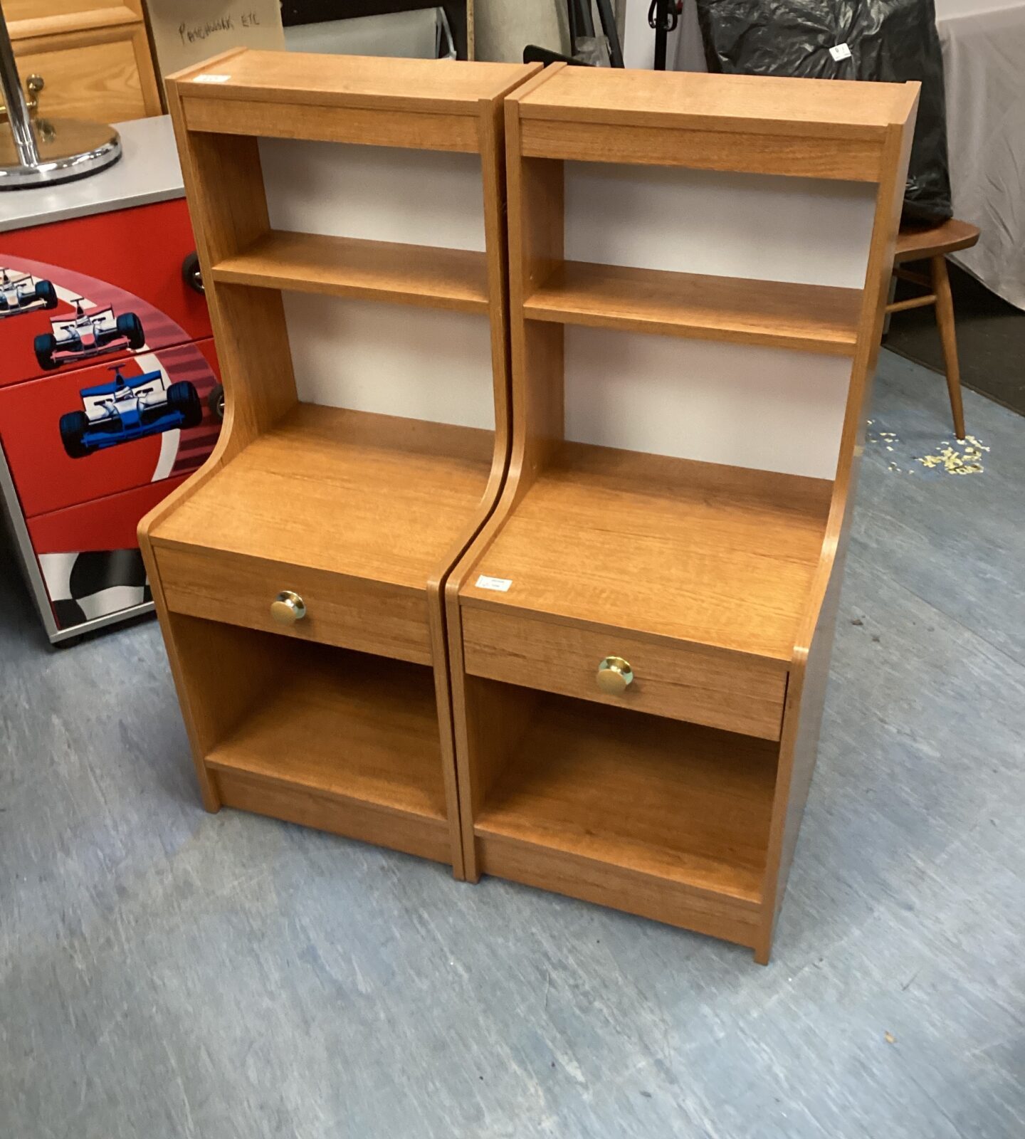 Vintage Schreiber bedside cabinets, a pair of teak nightstands.