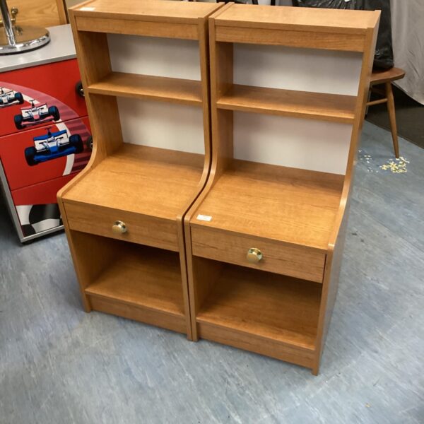 Vintage Schreiber bedside cabinets, a pair of teak nightstands.