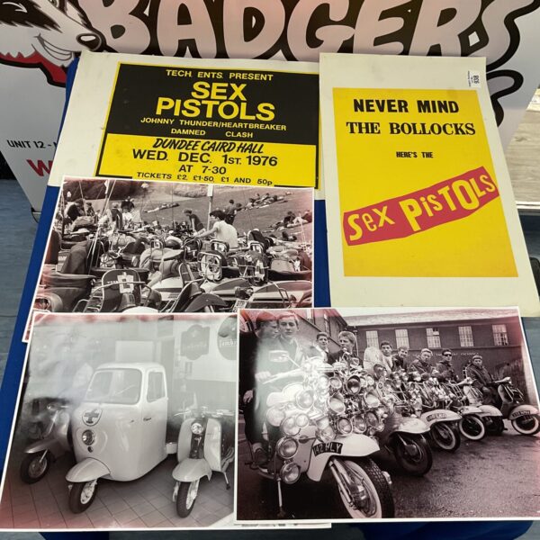 Vintage Sex Pistols posters and Mod photographs, capturing 1970s British subculture.