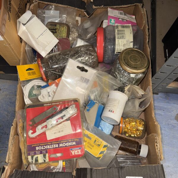 Mixed shed clearance lot with nails, tacks and hardware.