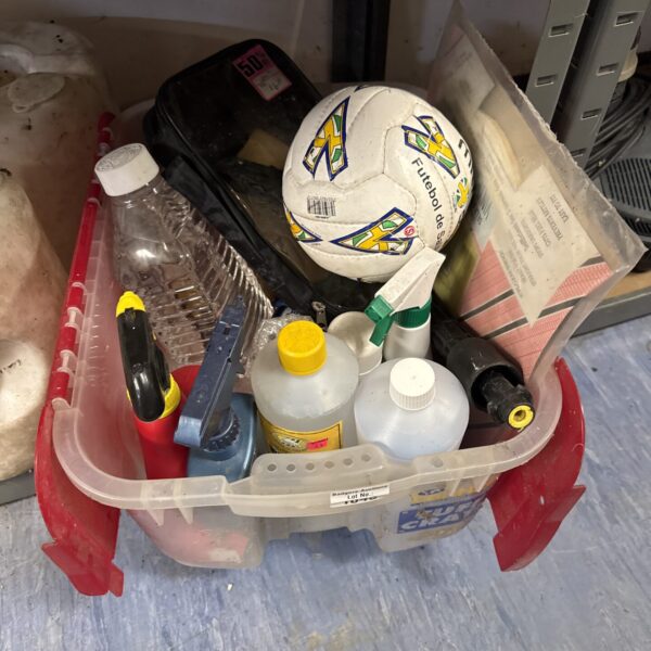 Shed clearance lot with garden chemicals and a Mitre football.