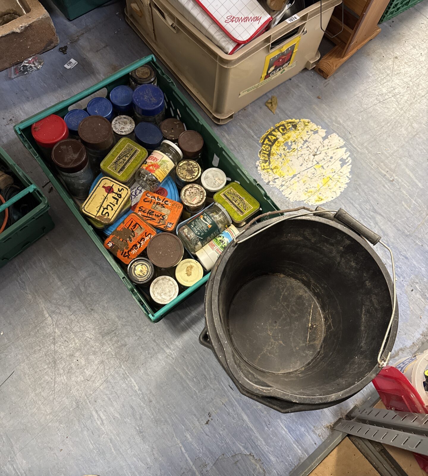 Shed clearance lot with screws, bolts and plastic buckets.