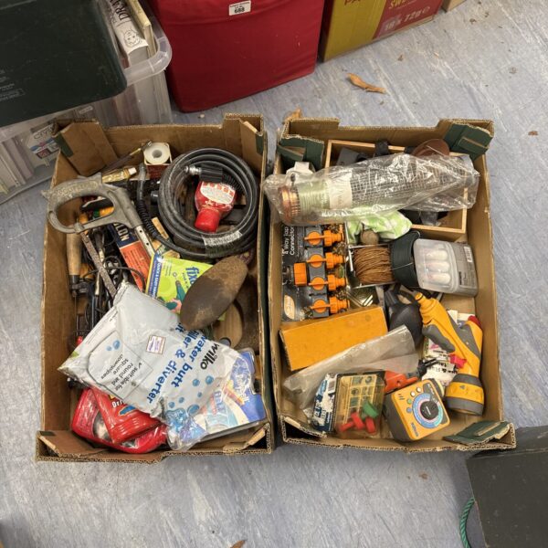 Mixed lot of garden and workshop tools and hardware for sale.