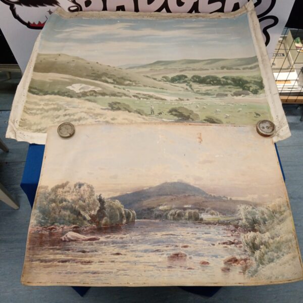 Vintage oil painting of a sheep farmer and his herd in a field.