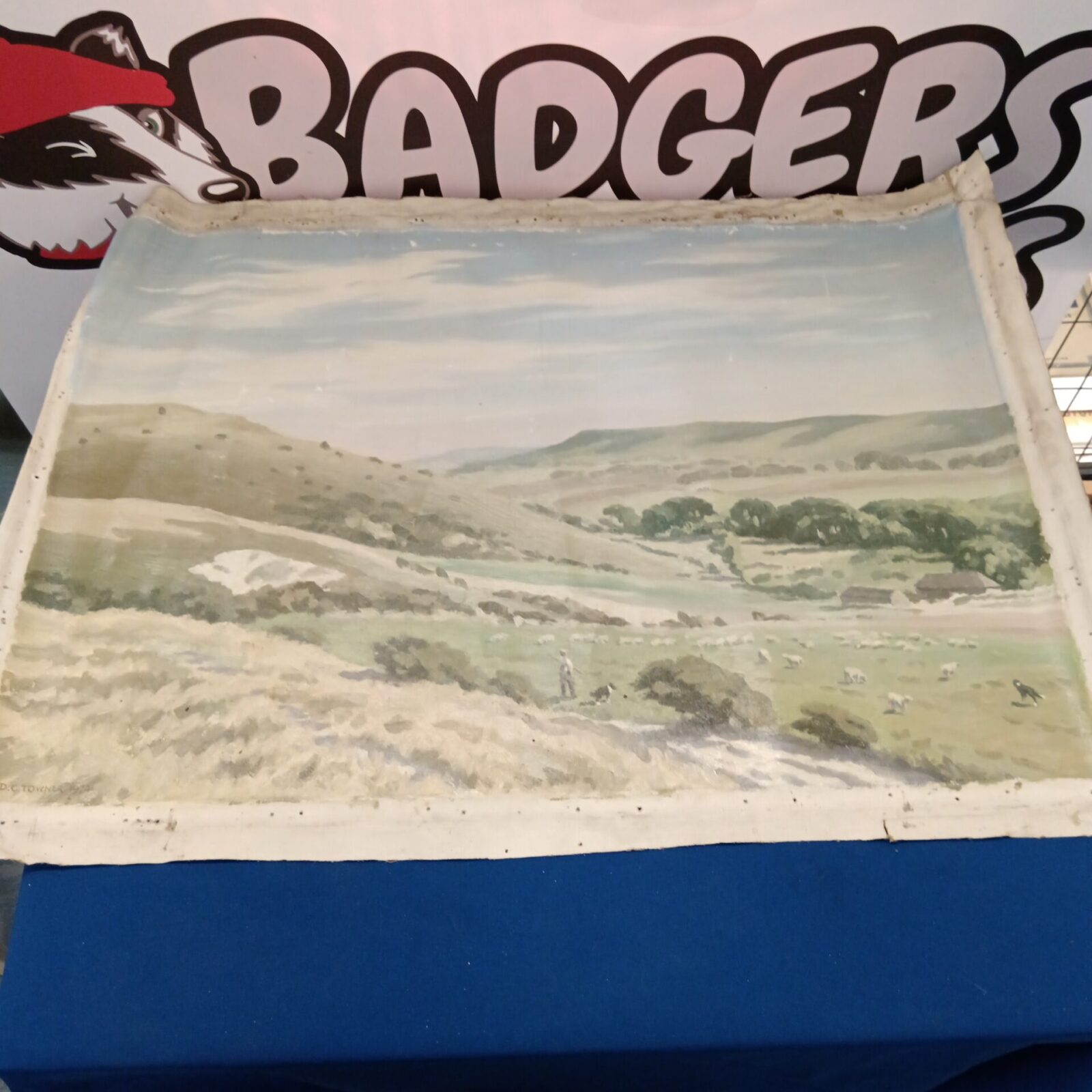 Pair of vintage landscape paintings, sheep farmer and river scene.
