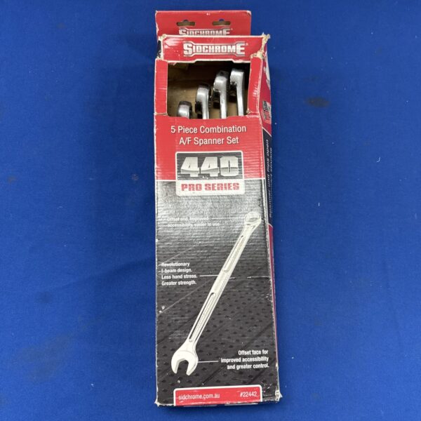 Sidchrome 5 piece spanner set in original packaging.