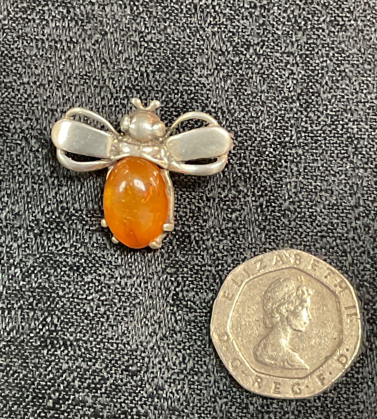 Vintage silver and amber bee brooch, detailed insect jewellery.